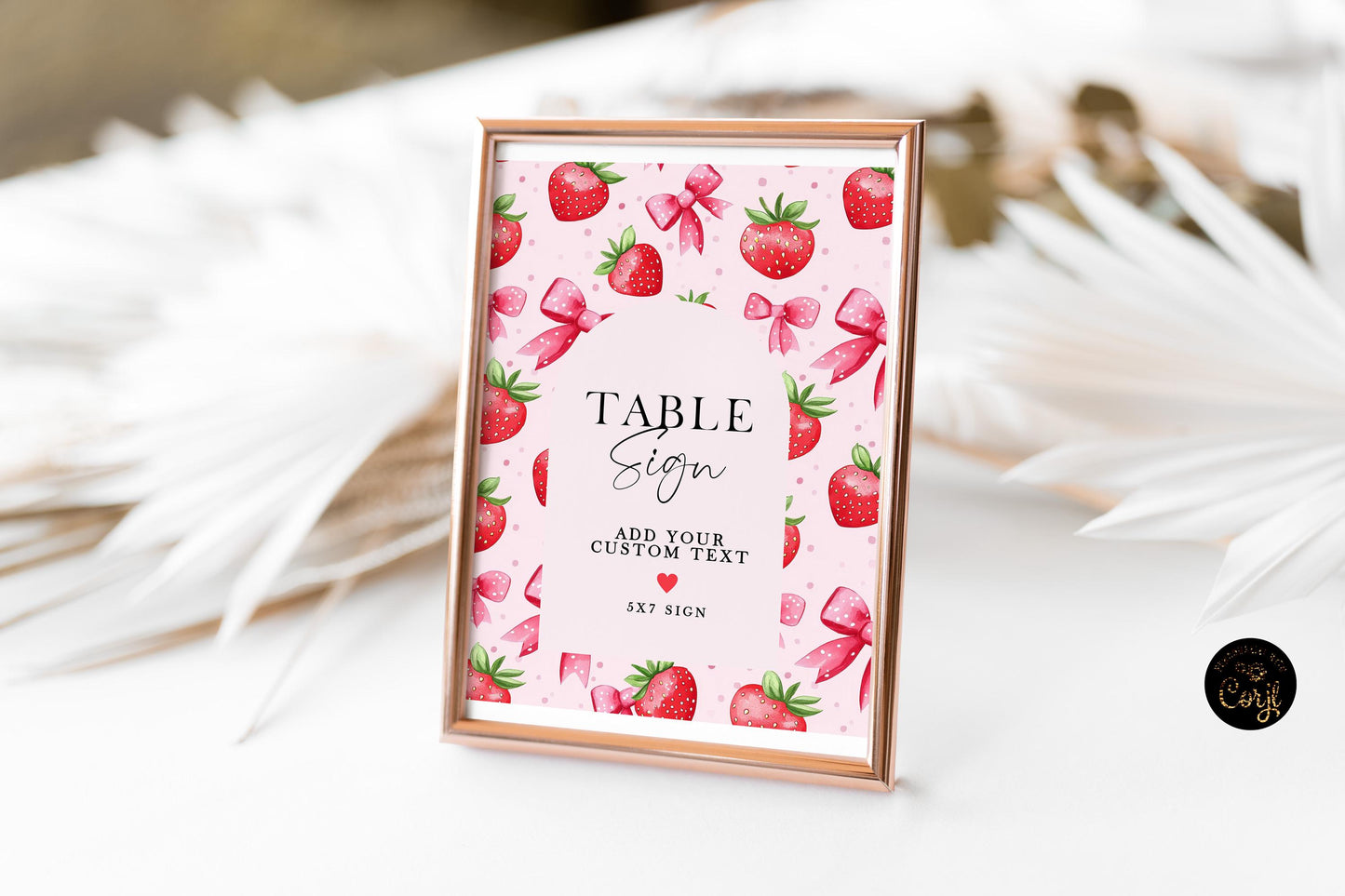 Editable Strawberry Table Sign, Pink Berry Table Number Sign, Corjl Template, 5x7 and 8x10 Sizes, Girl Birthday Printable ST17