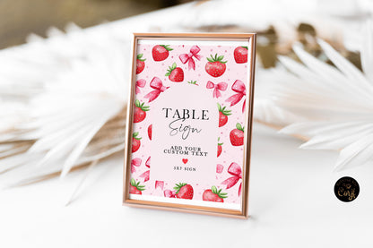 Editable Strawberry Table Sign, Pink Berry Table Number Sign, Corjl Template, 5x7 and 8x10 Sizes, Girl Birthday Printable ST17