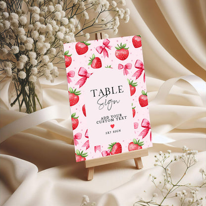 Editable Strawberry Table Sign, Pink Berry Table Number Sign, Corjl Template, 5x7 and 8x10 Sizes, Girl Birthday Printable ST17