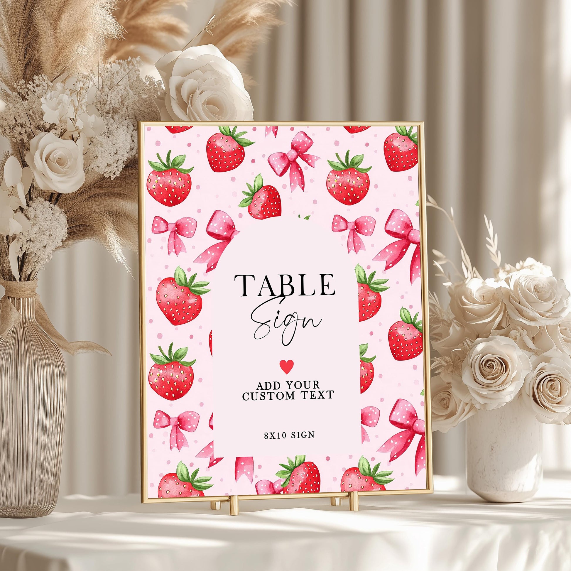 Editable Strawberry Table Sign, Pink Berry Table Number Sign, Corjl Template, 5x7 and 8x10 Sizes, Girl Birthday Printable ST17