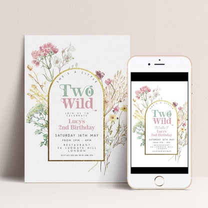 The image is a birthday invitation for a girl named Lucy's second birthday. It is a white card with a floral design and text inviting guests to a celebration. The invitation is accompanied by a smartphone displaying a similar design and text, suggesting a digital version of the printed card.