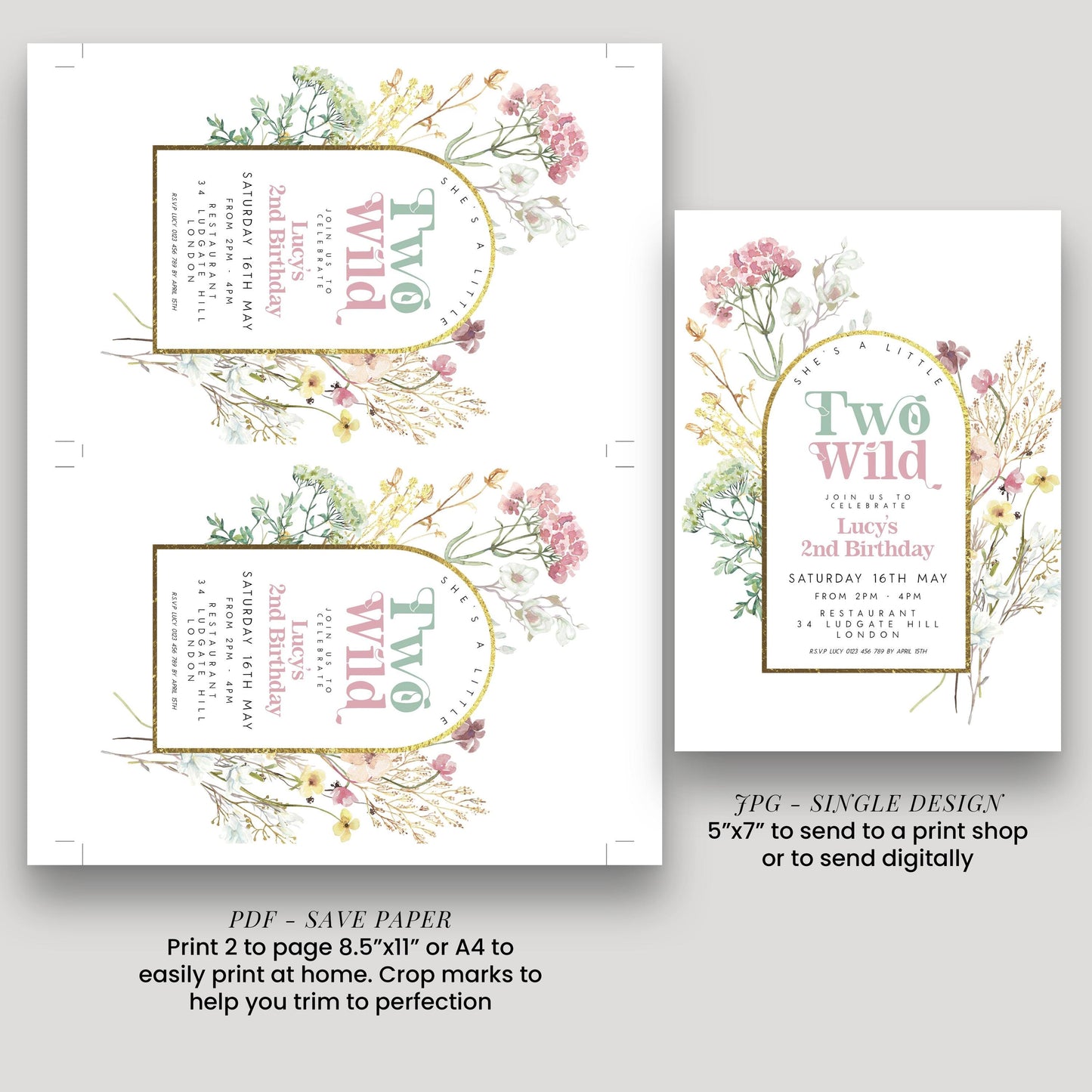 two different designs for a birthday invitation, featuring floral elements and text. The designs are intended to be used for sending out invitations for a 2nd birthday celebration.