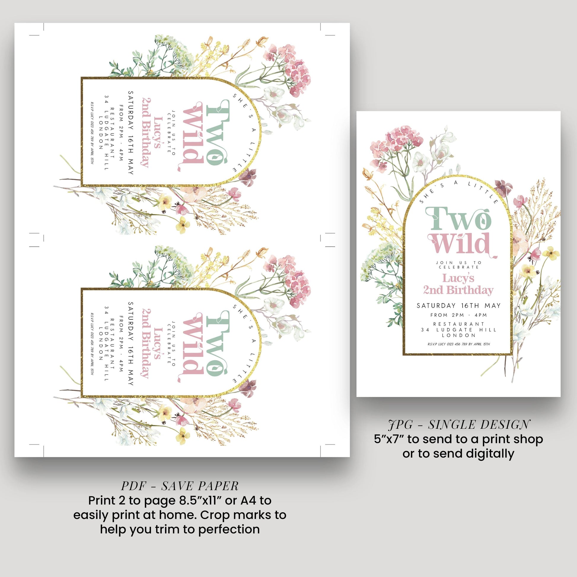 two different designs for a birthday invitation, featuring floral elements and text. The designs are intended to be used for sending out invitations for a 2nd birthday celebration.
