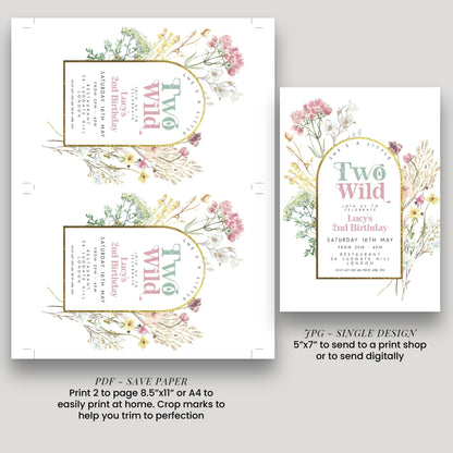 two different designs for a birthday invitation, featuring floral elements and text. The designs are intended to be used for sending out invitations for a 2nd birthday celebration.