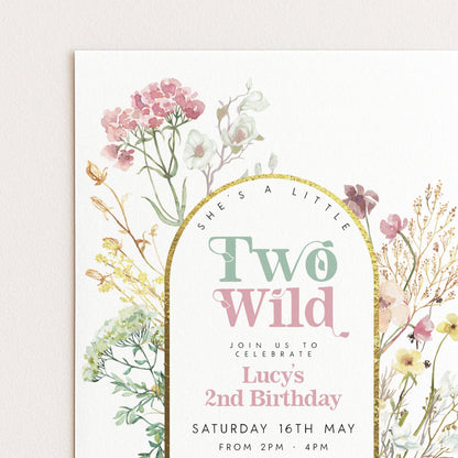 A floral-themed birthday invitation for a two-year-old named Lucy, celebrating her second birthday.