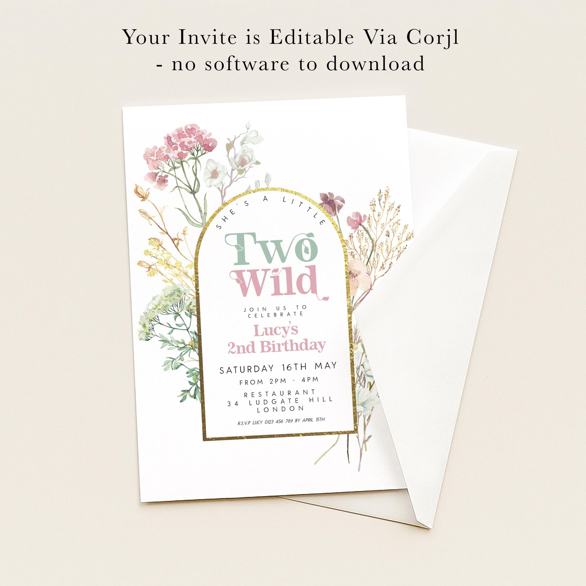 The image is a birthday invitation for a girl named Lucy's 2nd birthday. It is a floral-themed invitation with a gold border and text that reads "Your Invite is Editable Via Corjl - no software to download".
