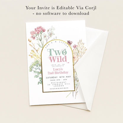 The image is a birthday invitation for a girl named Lucy's 2nd birthday. It is a floral-themed invitation with a gold border and text that reads "Your Invite is Editable Via Corjl - no software to download".