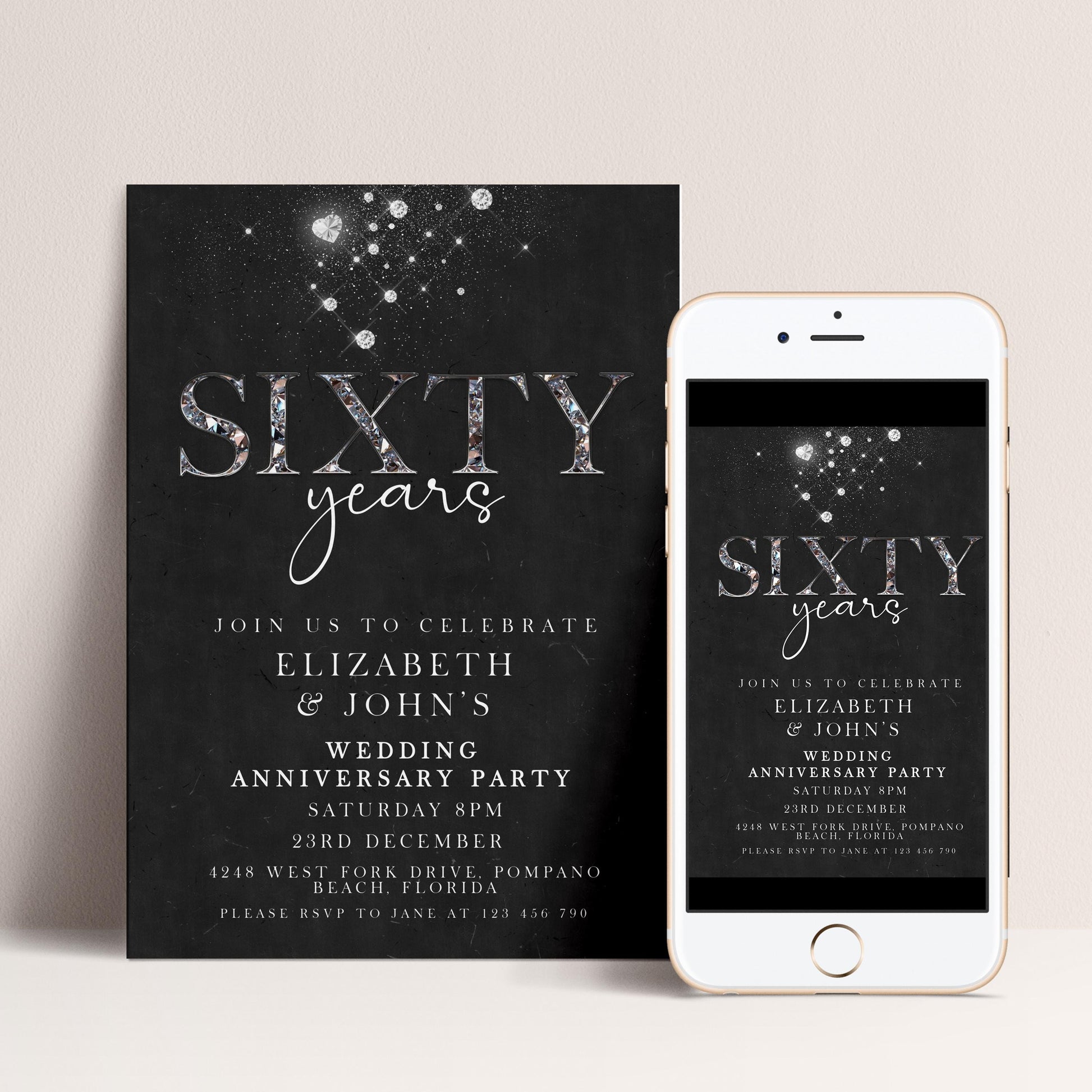 Elegant 60th Wedding Anniversary Invitation | Editable Diamond Style Printable | Sixty Years Married Party Invite | Corjl Template