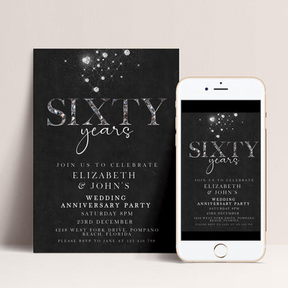 Elegant 60th Wedding Anniversary Invitation | Editable Diamond Style Printable | Sixty Years Married Party Invite | Corjl Template
