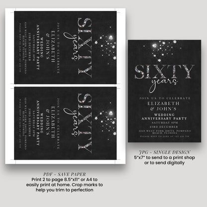 Elegant 60th Wedding Anniversary Invitation | Editable Diamond Style Printable | Sixty Years Married Party Invite | Corjl Template