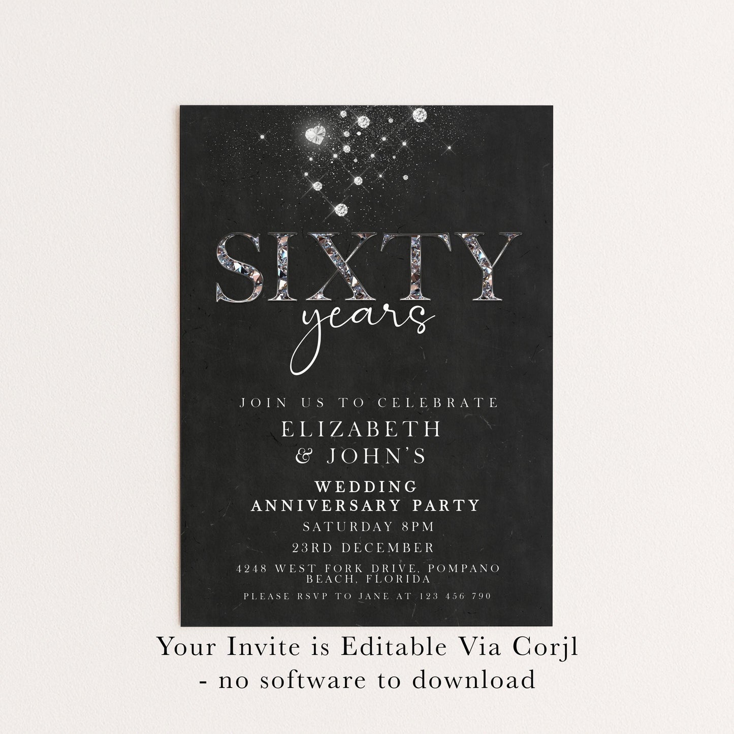 Elegant 60th Wedding Anniversary Invitation | Editable Diamond Style Printable | Sixty Years Married Party Invite | Corjl Template