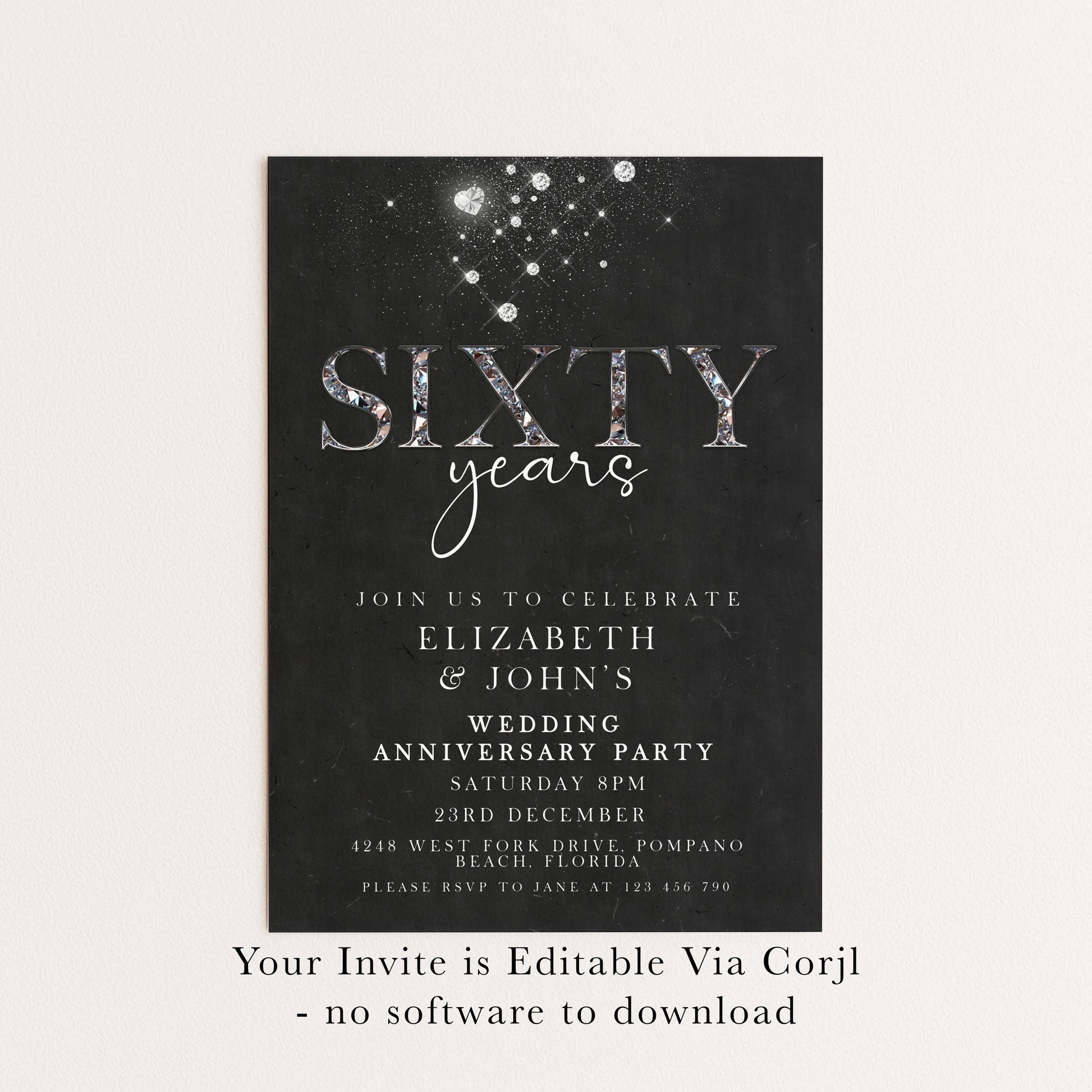 Elegant 60th Wedding Anniversary Invitation | Editable Diamond Style Printable | Sixty Years Married Party Invite | Corjl Template