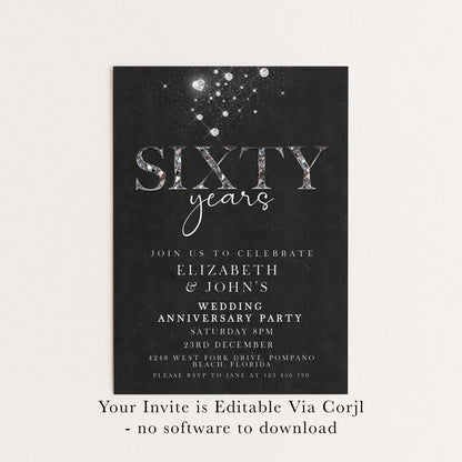 Elegant 60th Wedding Anniversary Invitation | Editable Diamond Style Printable | Sixty Years Married Party Invite | Corjl Template