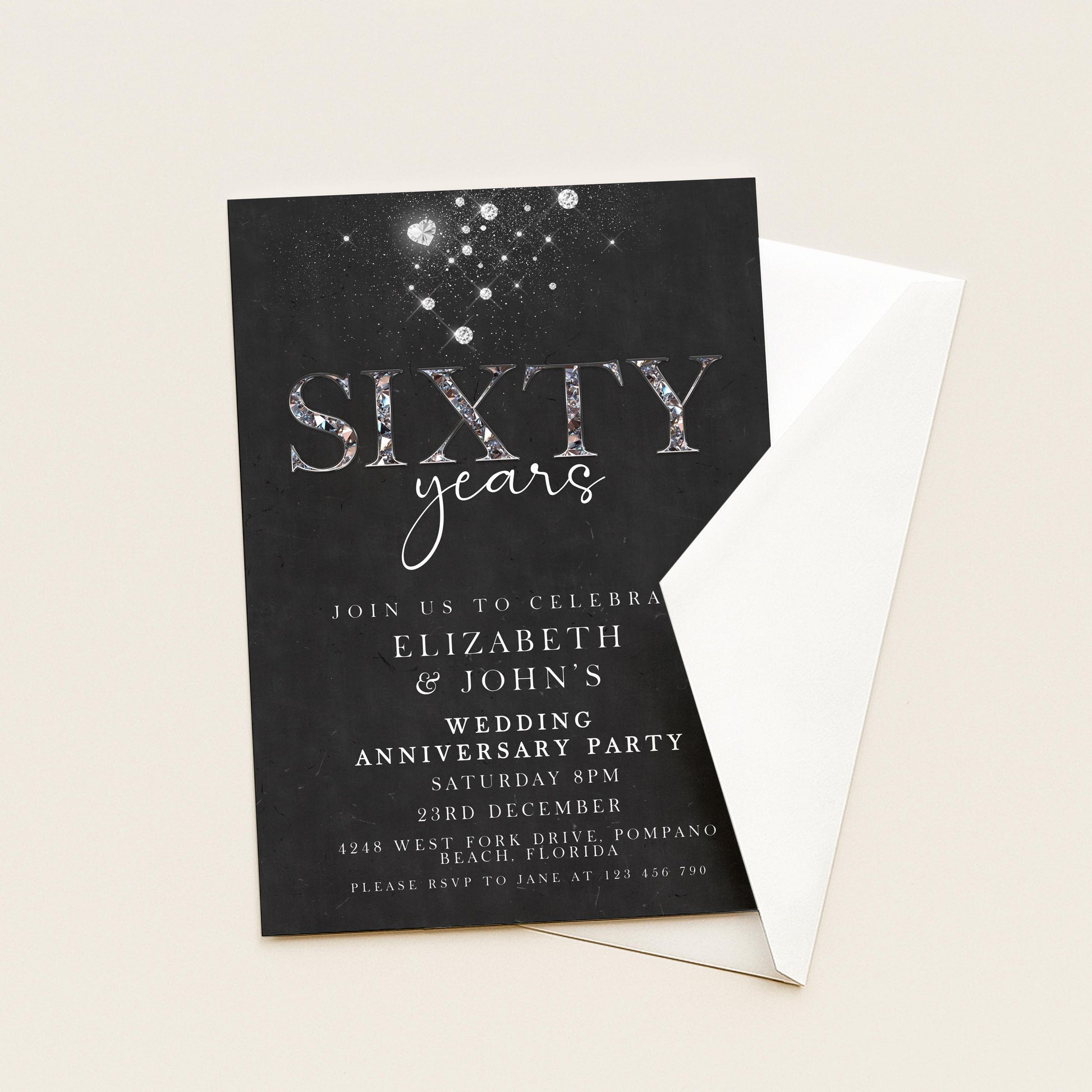 Elegant 60th Wedding Anniversary Invitation | Editable Diamond Style Printable | Sixty Years Married Party Invite | Corjl Template