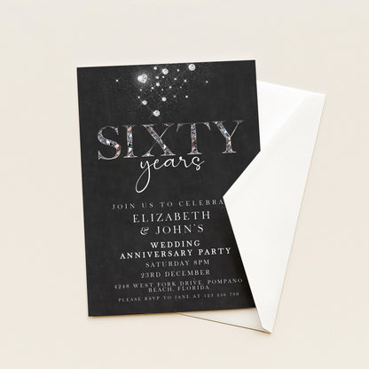Elegant 60th Wedding Anniversary Invitation | Editable Diamond Style Printable | Sixty Years Married Party Invite | Corjl Template