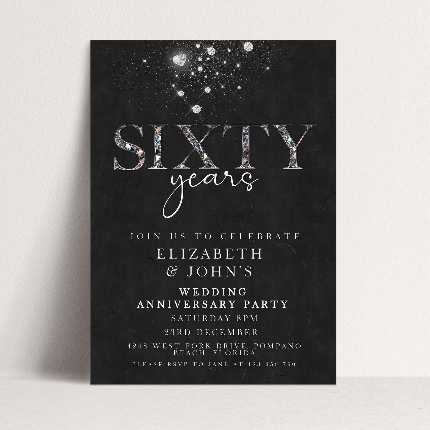Elegant 60th Wedding Anniversary Invitation | Editable Diamond Style Printable | Sixty Years Married Party Invite | Corjl Template