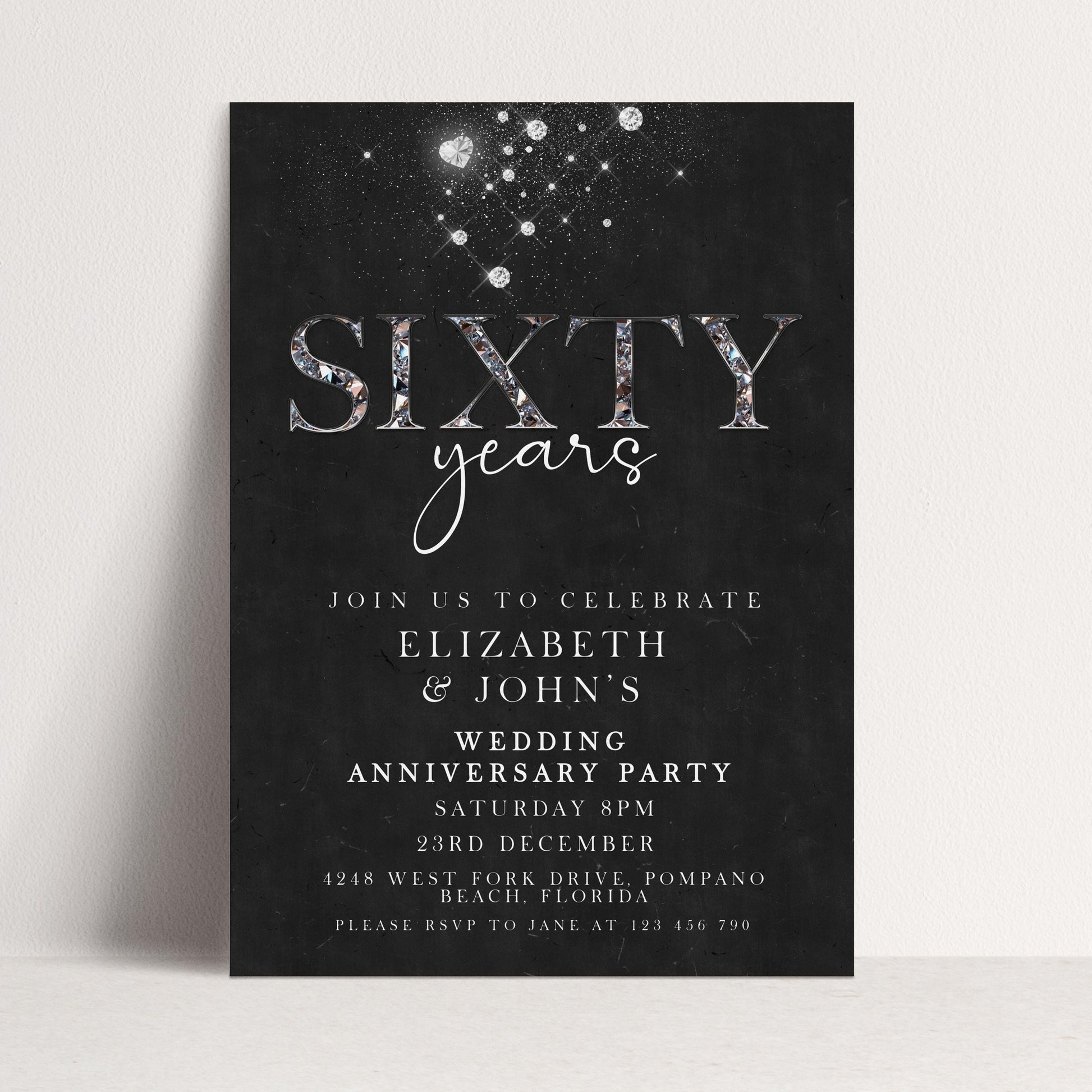 Elegant 60th Wedding Anniversary Invitation | Editable Diamond Style Printable | Sixty Years Married Party Invite | Corjl Template