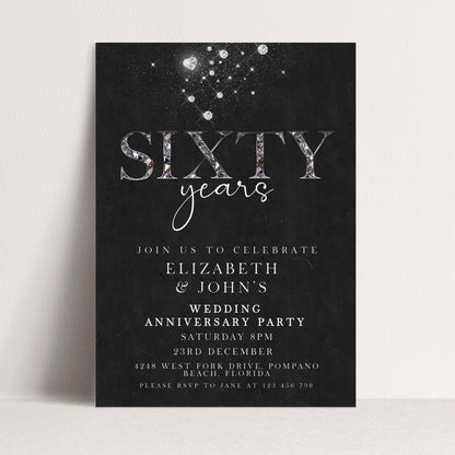 Elegant 60th Wedding Anniversary Invitation | Editable Diamond Style Printable | Sixty Years Married Party Invite | Corjl Template