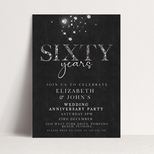 Elegant 60th Wedding Anniversary Invitation | Editable Diamond Style Printable | Sixty Years Married Party Invite | Corjl Template
