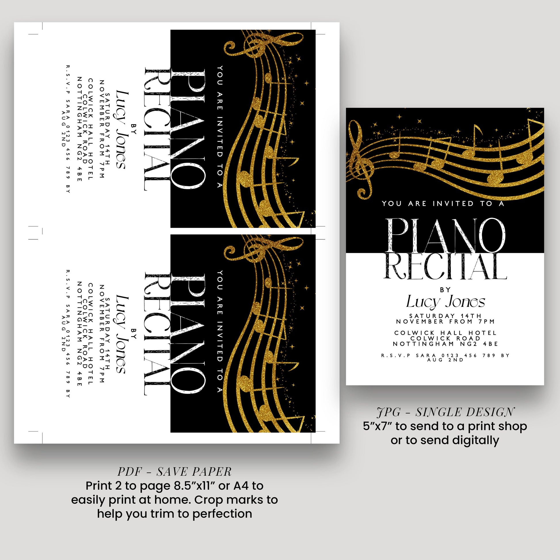 a set of invitation cards for a piano recital event. The cards feature a black and gold design with musical notes and text inviting guests to a piano recital.