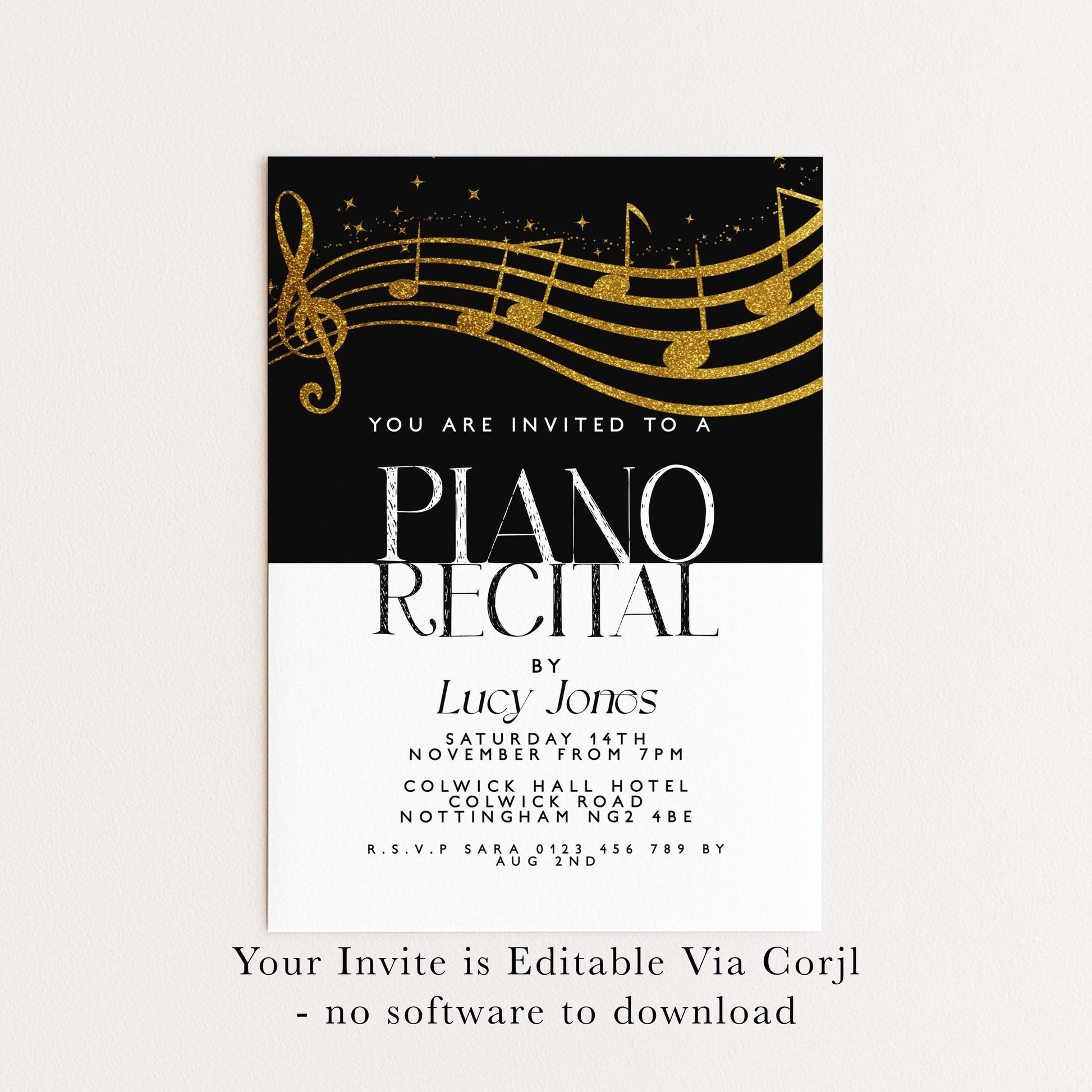 The image is a black and white invitation card for a piano recital.