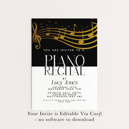 The image is a black and white invitation card for a piano recital.