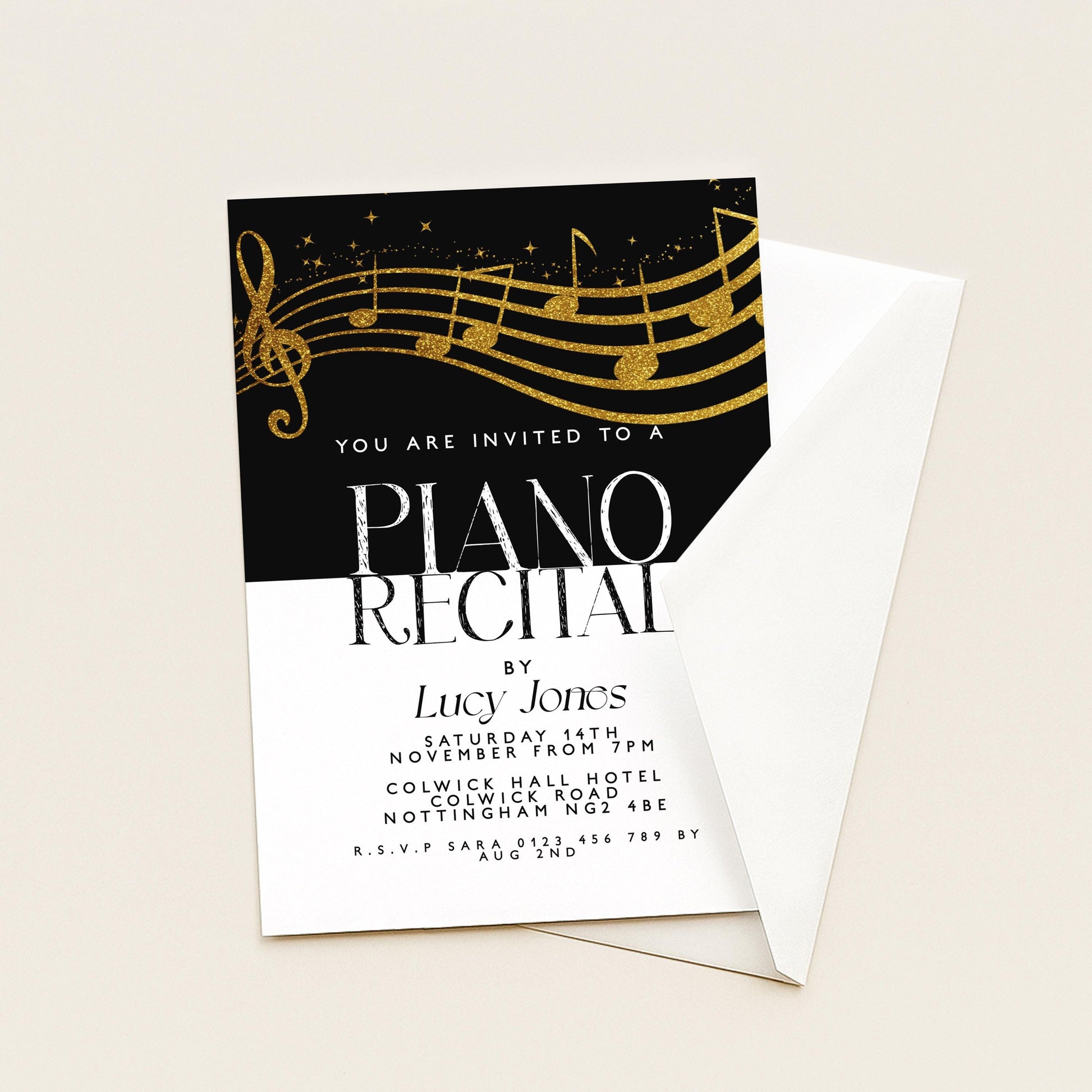 The image is a black and white invitation card for a piano recital.