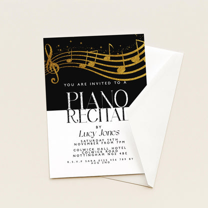 The image is a black and white invitation card for a piano recital.