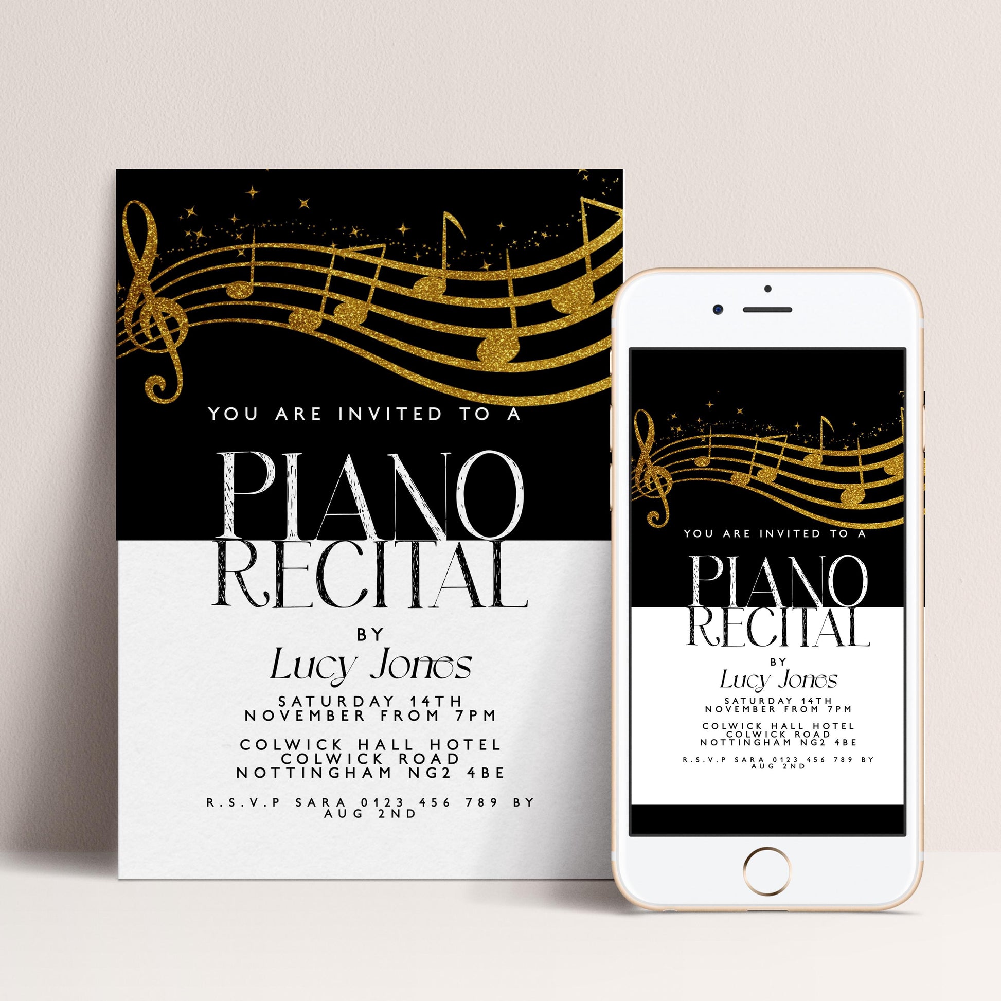 The image is a poster and a mobile phone screen displaying an invitation for a piano recital.