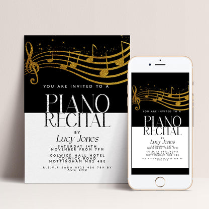 The image is a poster and a mobile phone screen displaying an invitation for a piano recital.