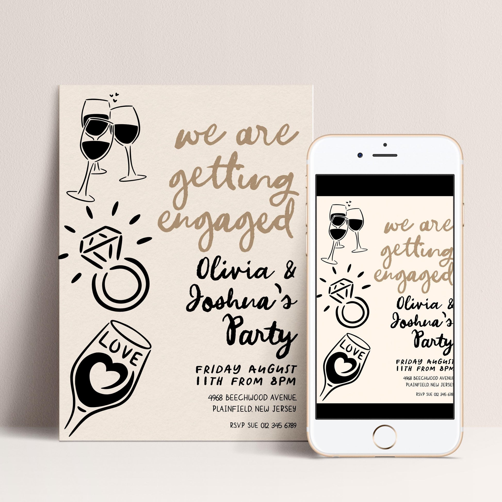 The image is a wedding invitation featuring a beige background with various decorative elements such as wine glasses, a ring, and a heart.