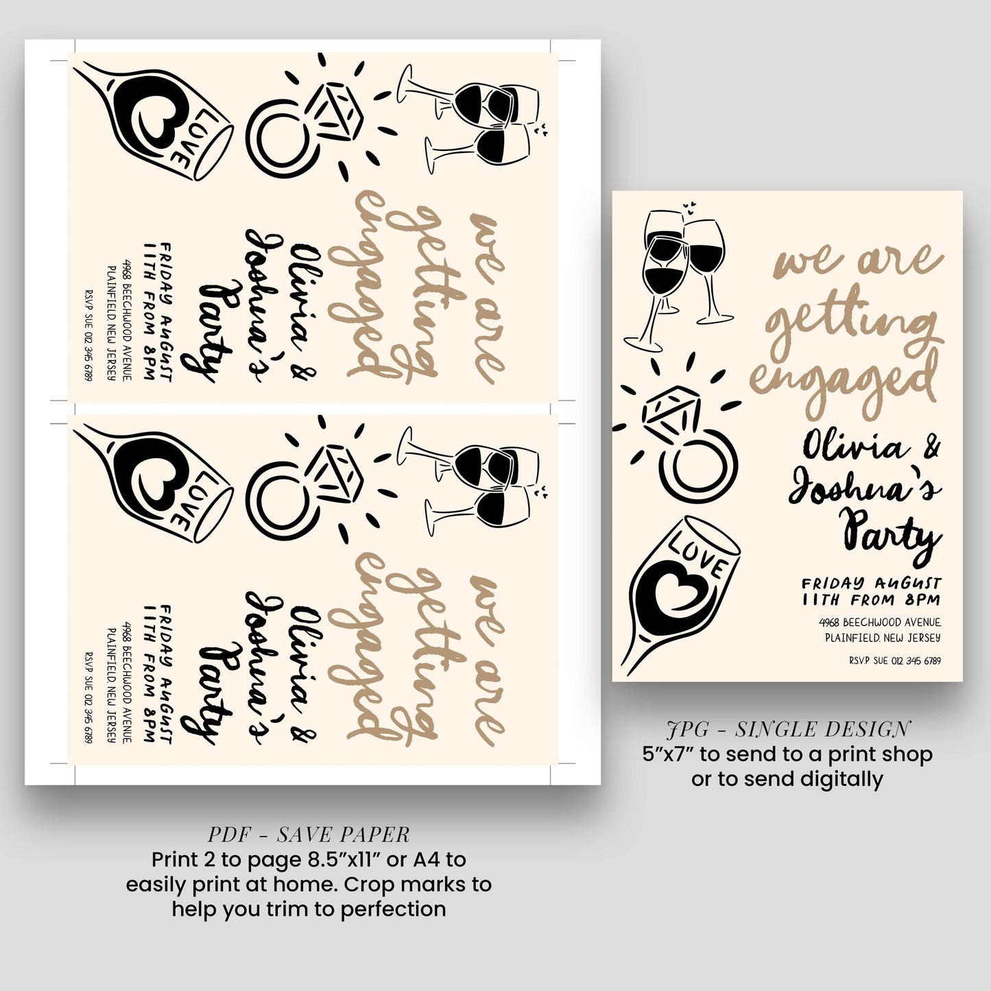 a collage of wedding invitation designs featuring various elements such as wine glasses, a ring, and text. The text on the invitations includes phrases like "we are getting engaged", "Olivia & Joshua's Party", and "Friday August 8th". The image also includes a description of how to print the invitations, stating that they can be printed to page 8.5"x11" or 4"x4" to send to a print shop or to send digitally.