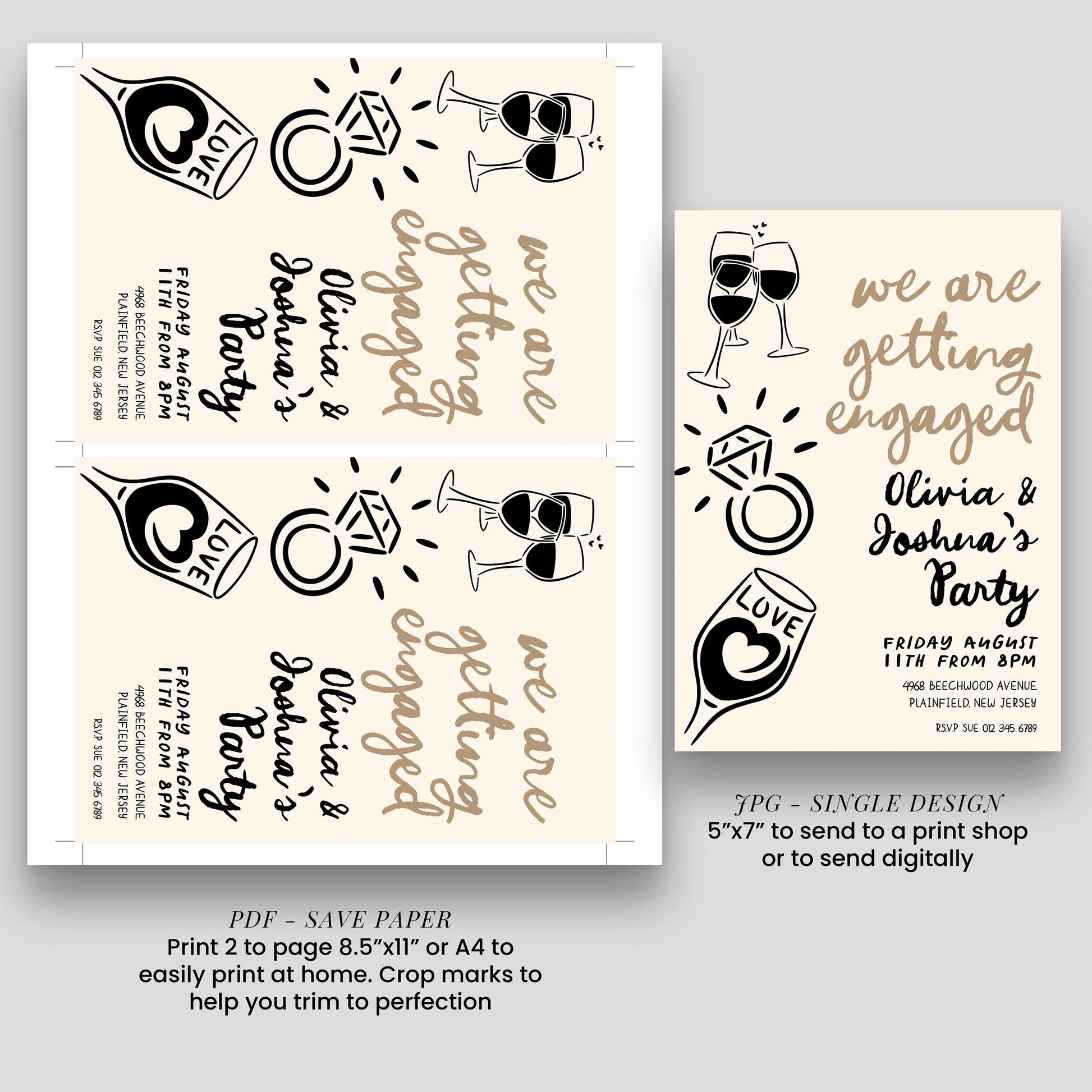 a collage of wedding invitation designs featuring various elements such as wine glasses, a ring, and text. The text on the invitations includes phrases like "we are getting engaged", "Olivia & Joshua's Party", and "Friday August 8th". The image also includes a description of how to print the invitations, stating that they can be printed to page 8.5"x11" or 4"x4" to send to a print shop or to send digitally.