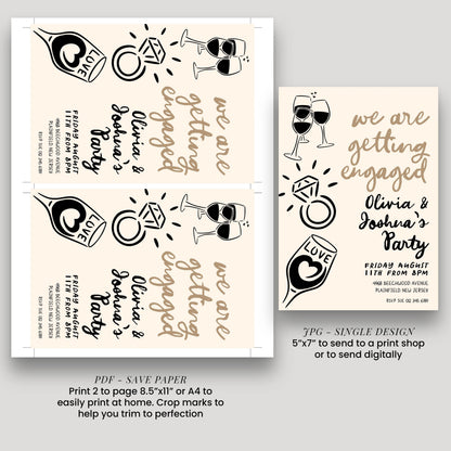 a collage of wedding invitation designs featuring various elements such as wine glasses, a ring, and text. The text on the invitations includes phrases like "we are getting engaged", "Olivia & Joshua's Party", and "Friday August 8th". The image also includes a description of how to print the invitations, stating that they can be printed to page 8.5"x11" or 4"x4" to send to a print shop or to send digitally.