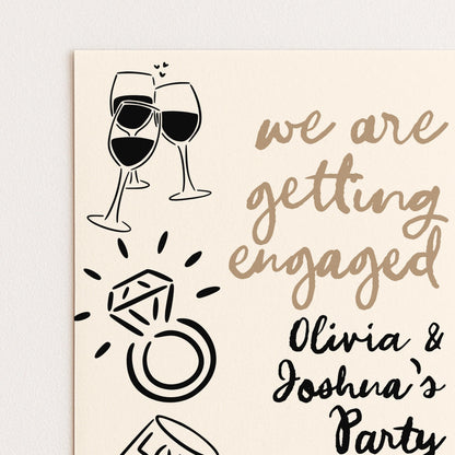 a collage of various elements, including wine glasses, a ring, and text, which appears to be a wedding invitation or party invitation.