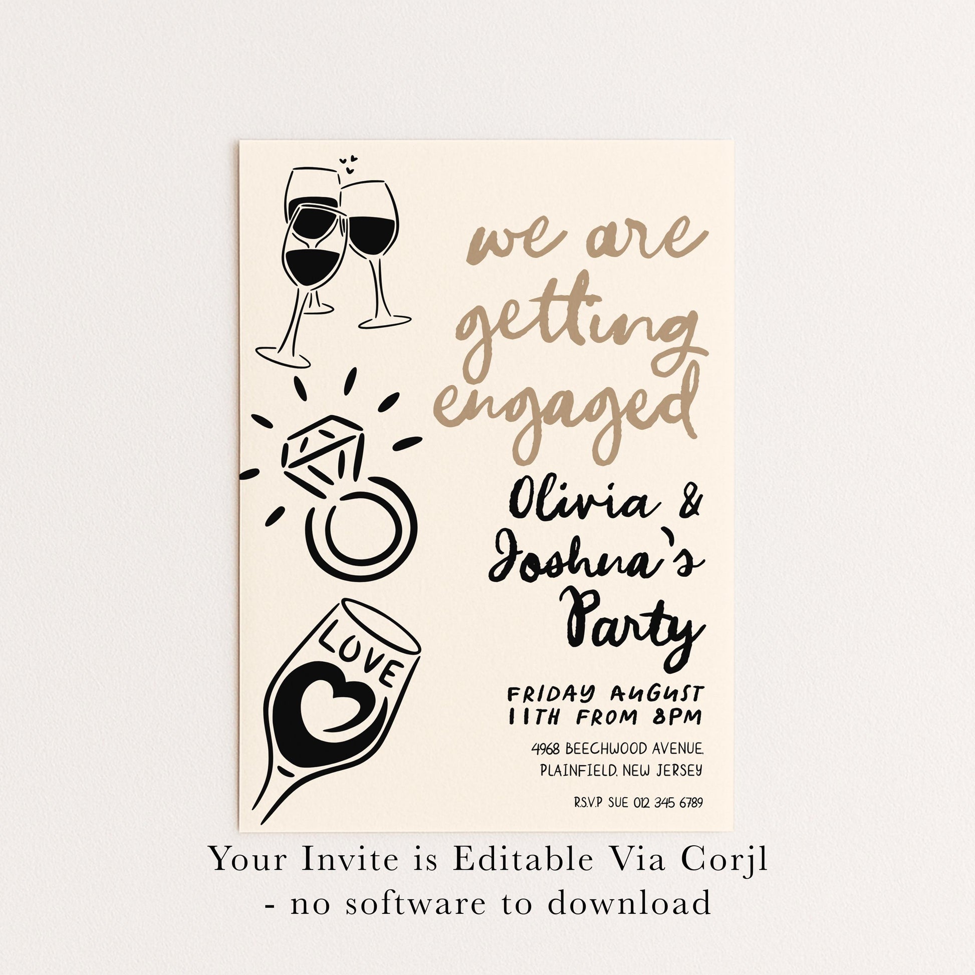 The image is a wedding invitation featuring a beige background with various decorative elements such as wine glasses, a ring, and a heart.