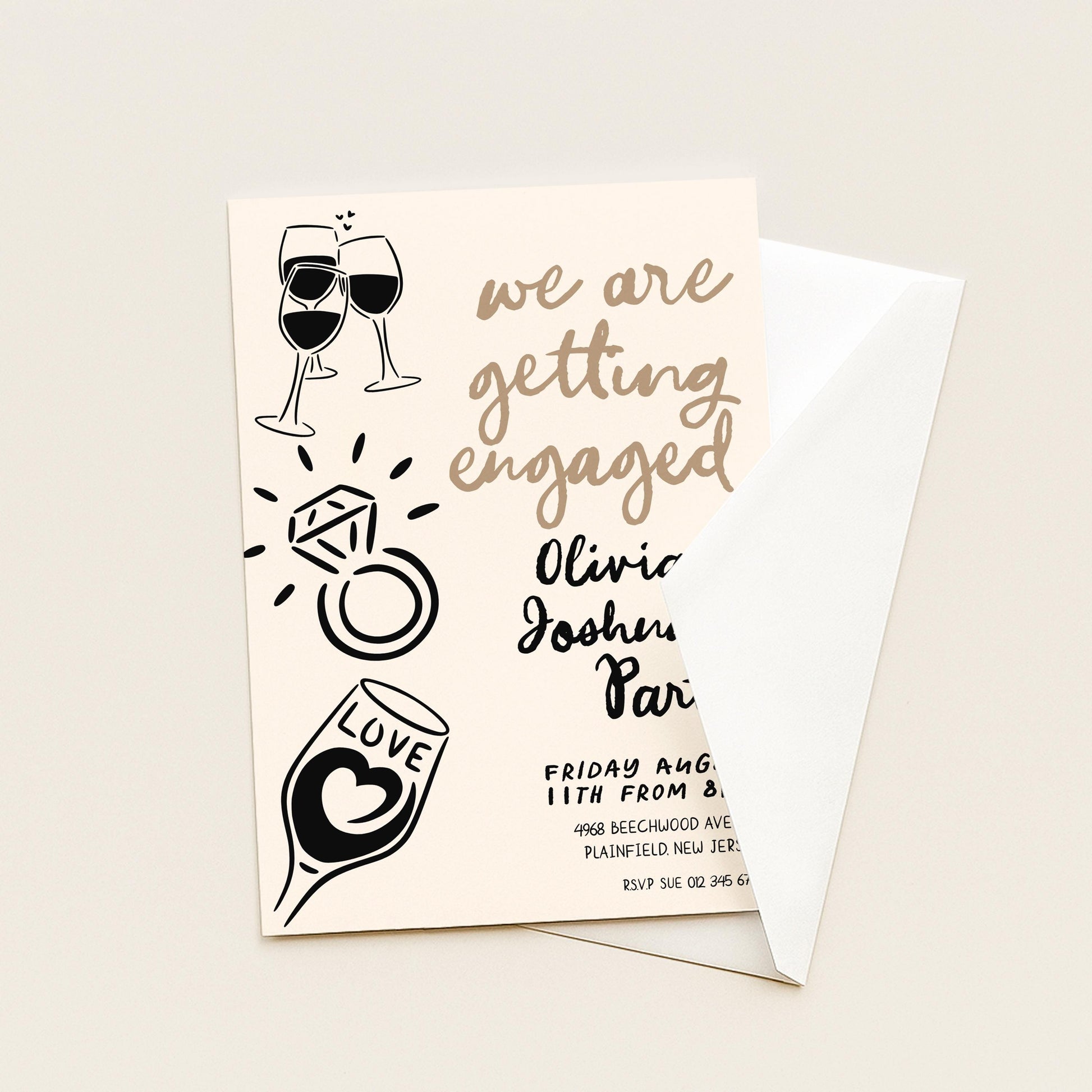 The image is a wedding invitation card with various decorative elements such as wine glasses, a ring, and the word "love".