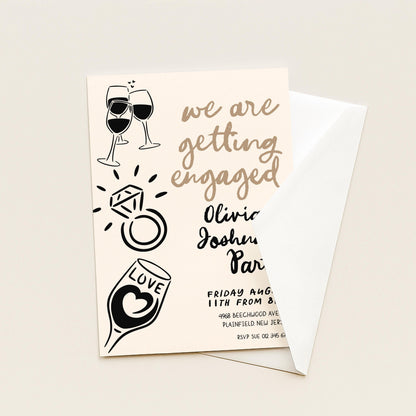 The image is a wedding invitation card with various decorative elements such as wine glasses, a ring, and the word "love".