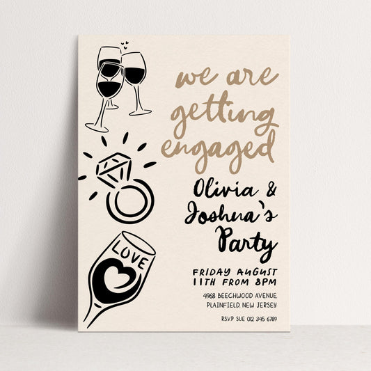The image is a wedding invitation featuring a beige background with various decorative elements such as wine glasses, a ring, and a heart.
