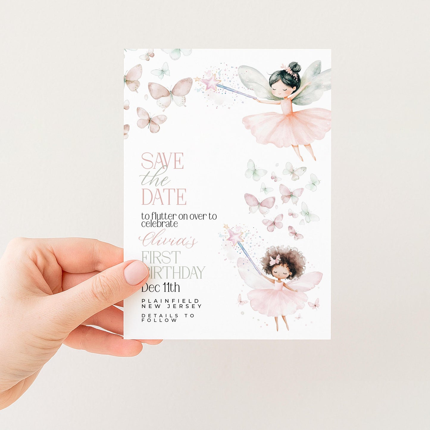 Fairy Save the Date for First Birthday Personalised Editable Pastel Watercolor Party Announcement with Butterflies and Whimsical Fairy Girls