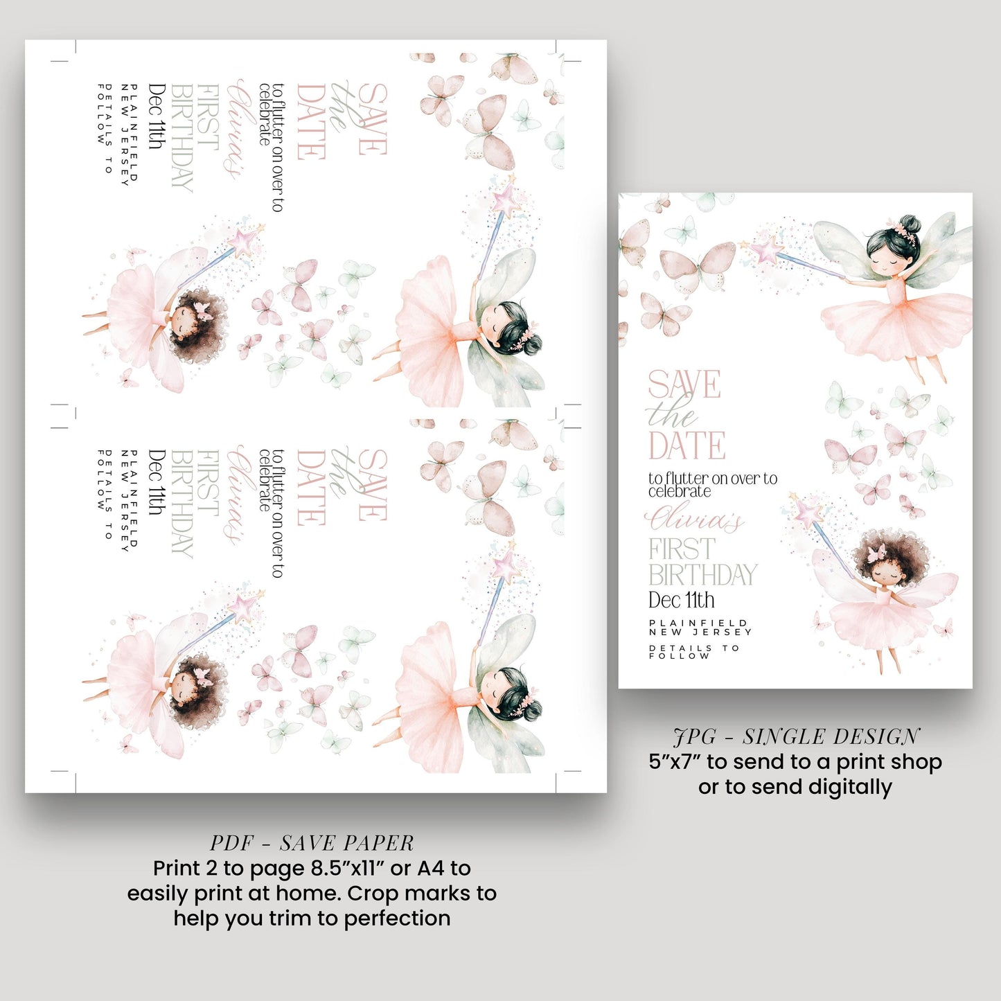Fairy Save the Date for First Birthday Personalised Editable Pastel Watercolor Party Announcement with Butterflies and Whimsical Fairy Girls