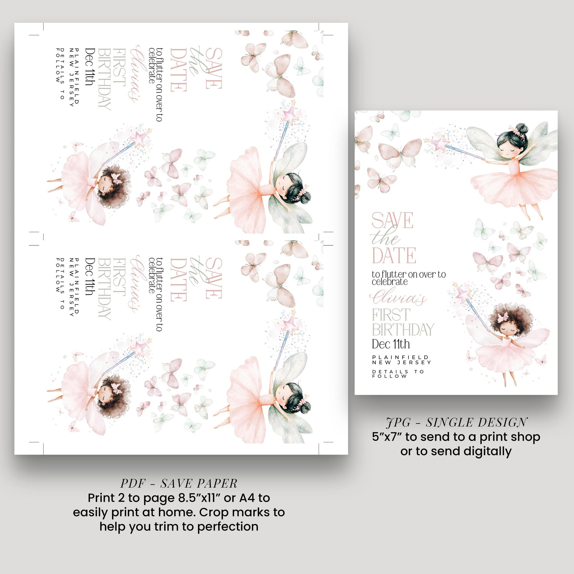 Fairy Save the Date for First Birthday Personalised Editable Pastel Watercolor Party Announcement with Butterflies and Whimsical Fairy Girls