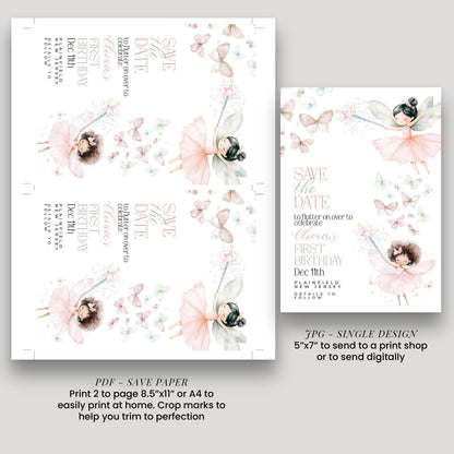 Fairy Save the Date for First Birthday Personalised Editable Pastel Watercolor Party Announcement with Butterflies and Whimsical Fairy Girls