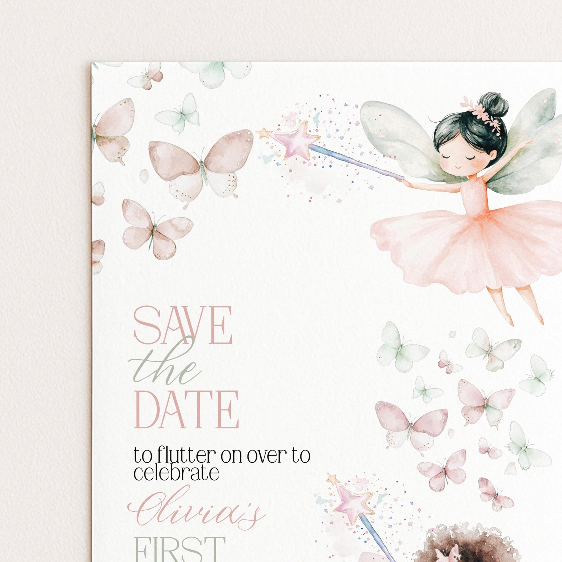 Fairy Save the Date for First Birthday Personalised Editable Pastel Watercolor Party Announcement with Butterflies and Whimsical Fairy Girls