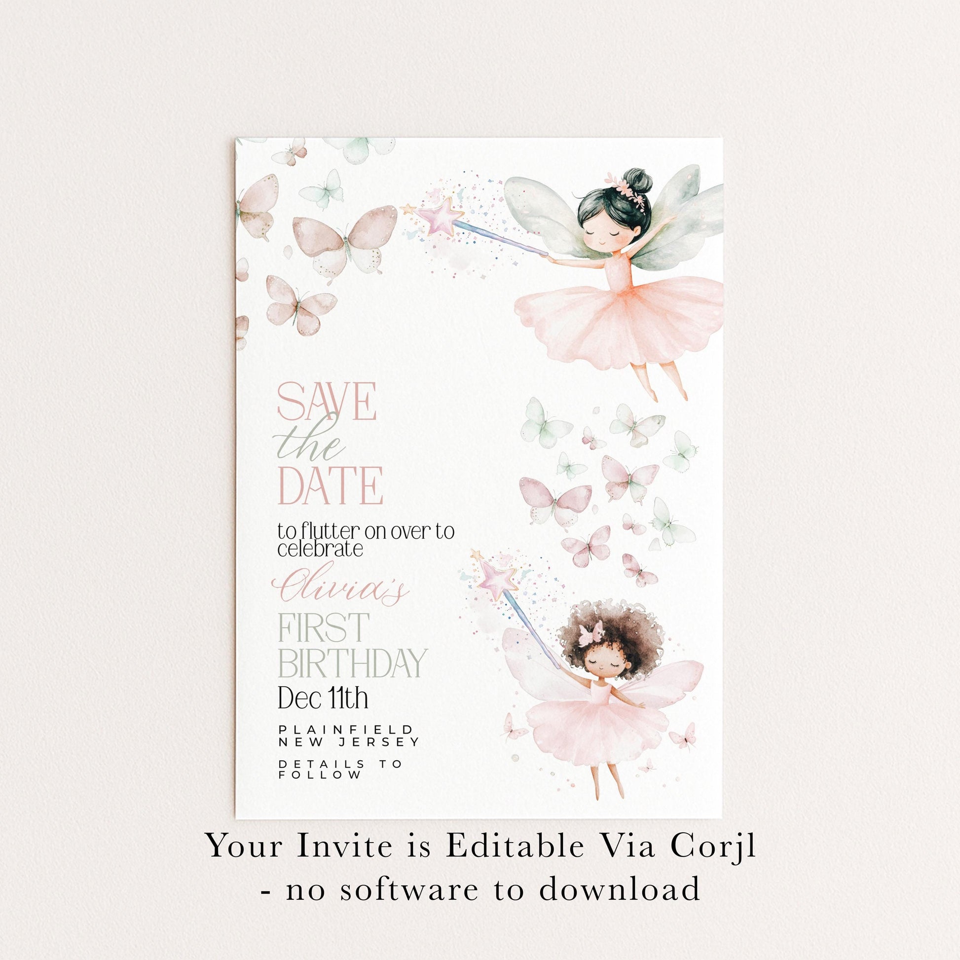 Fairy Save the Date for First Birthday Personalised Editable Pastel Watercolor Party Announcement with Butterflies and Whimsical Fairy Girls