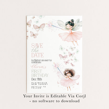 Fairy Save the Date for First Birthday Personalised Editable Pastel Watercolor Party Announcement with Butterflies and Whimsical Fairy Girls