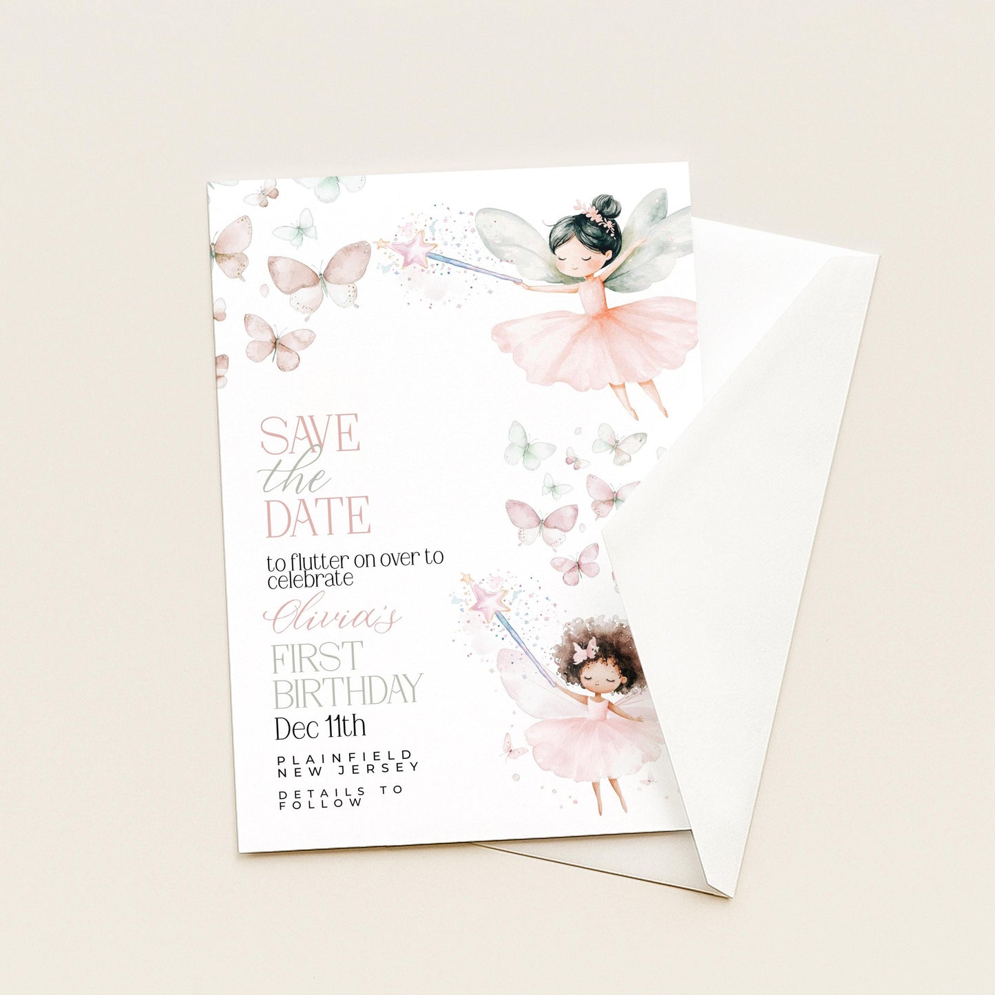 Fairy Save the Date for First Birthday Personalised Editable Pastel Watercolor Party Announcement with Butterflies and Whimsical Fairy Girls