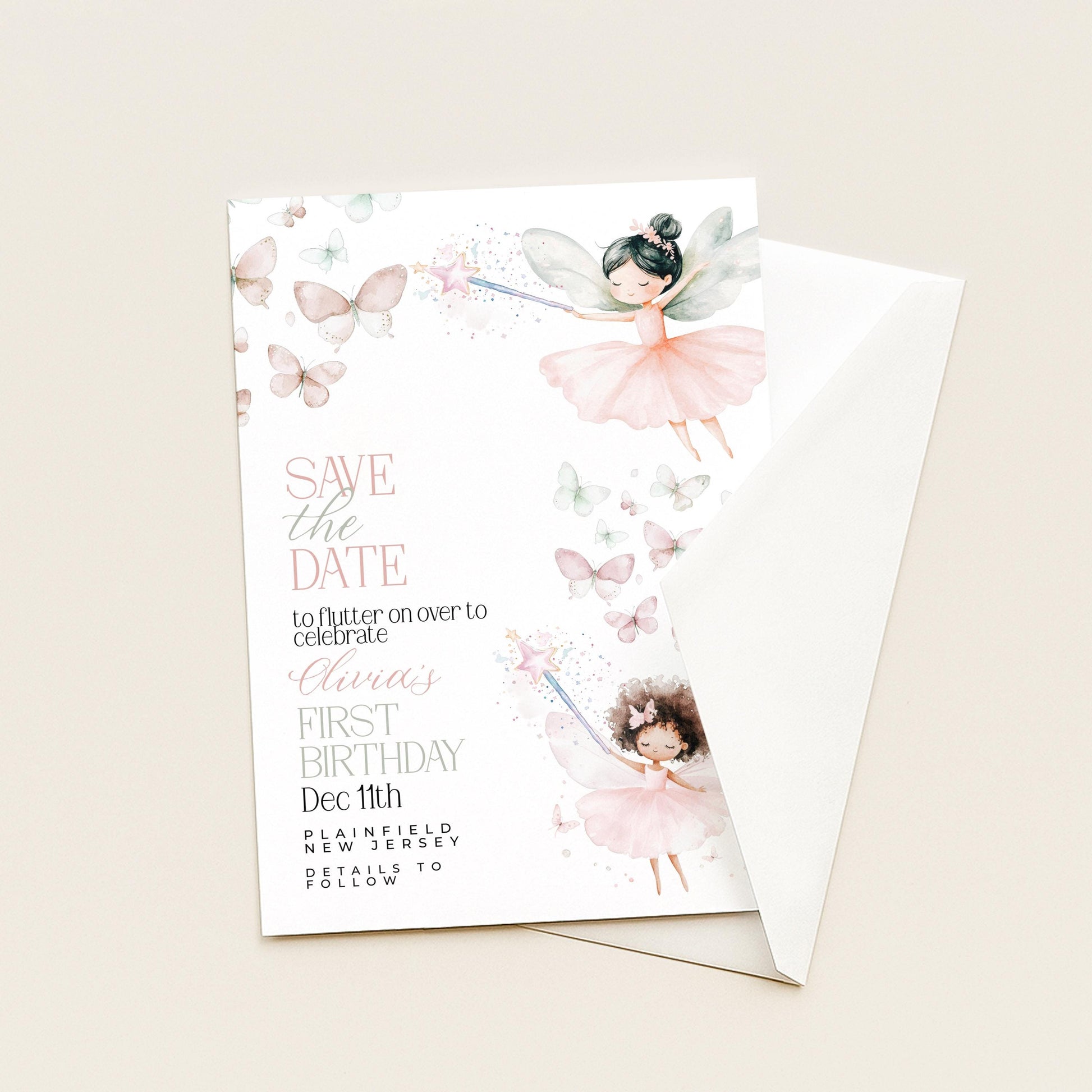 Fairy Save the Date for First Birthday Personalised Editable Pastel Watercolor Party Announcement with Butterflies and Whimsical Fairy Girls