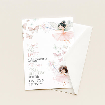 Fairy Save the Date for First Birthday Personalised Editable Pastel Watercolor Party Announcement with Butterflies and Whimsical Fairy Girls