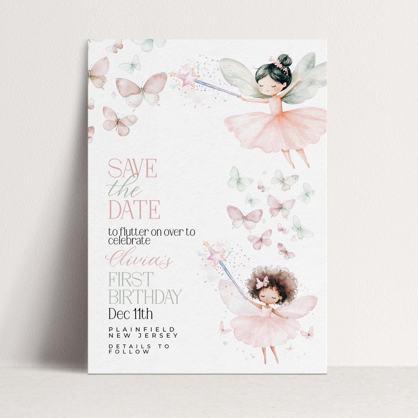 Fairy Save the Date for First Birthday Personalised Editable Pastel Watercolor Party Announcement with Butterflies and Whimsical Fairy Girls